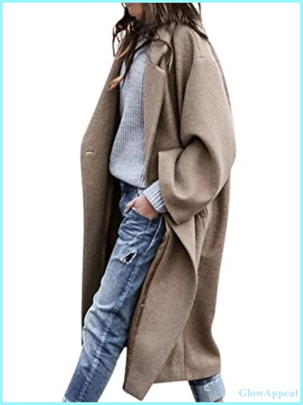 Oversized Wool Blend Notched Collar Trench Coat Women's Long Double Breast